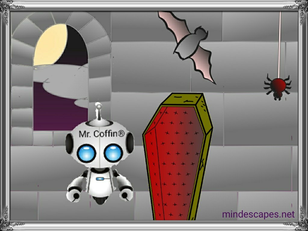 Robot coffin attendant in castle beside casket with bat and spider.